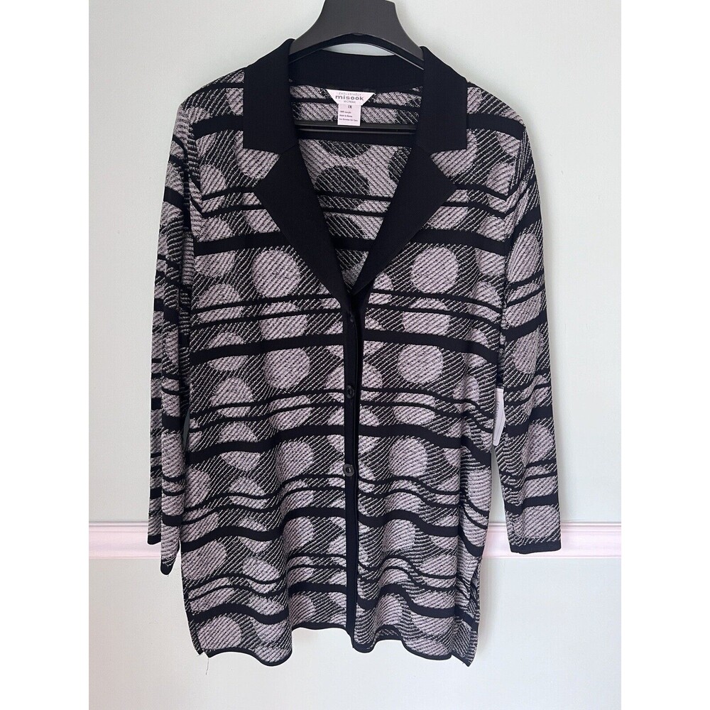 Exclusively Misook 1x Black White Stripe Circle Acrylic long cardigan Duster NWT
